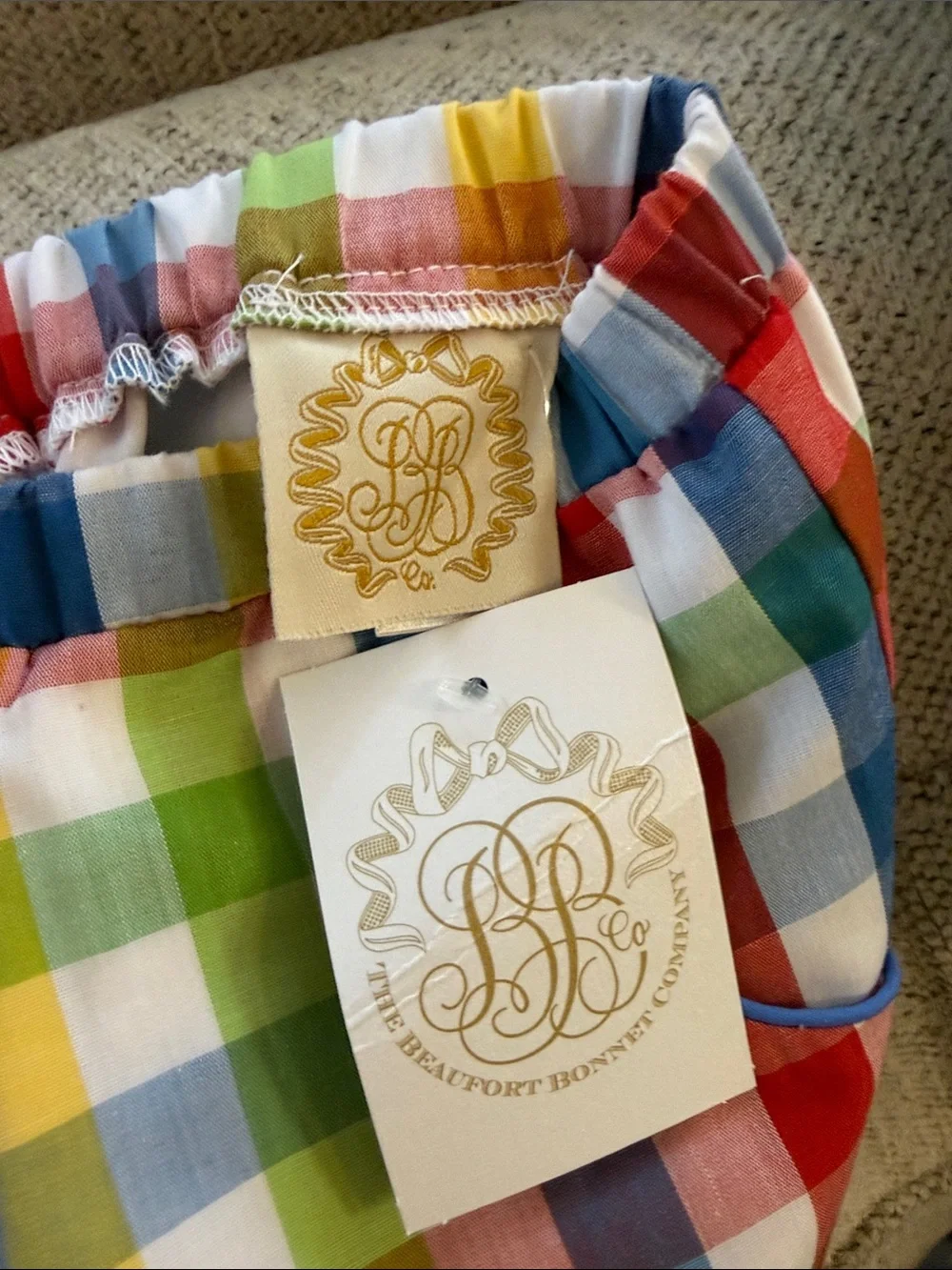 The Beaufort Bonnet Company Girls' Rainbow Gingham Shorts with Blue Trim